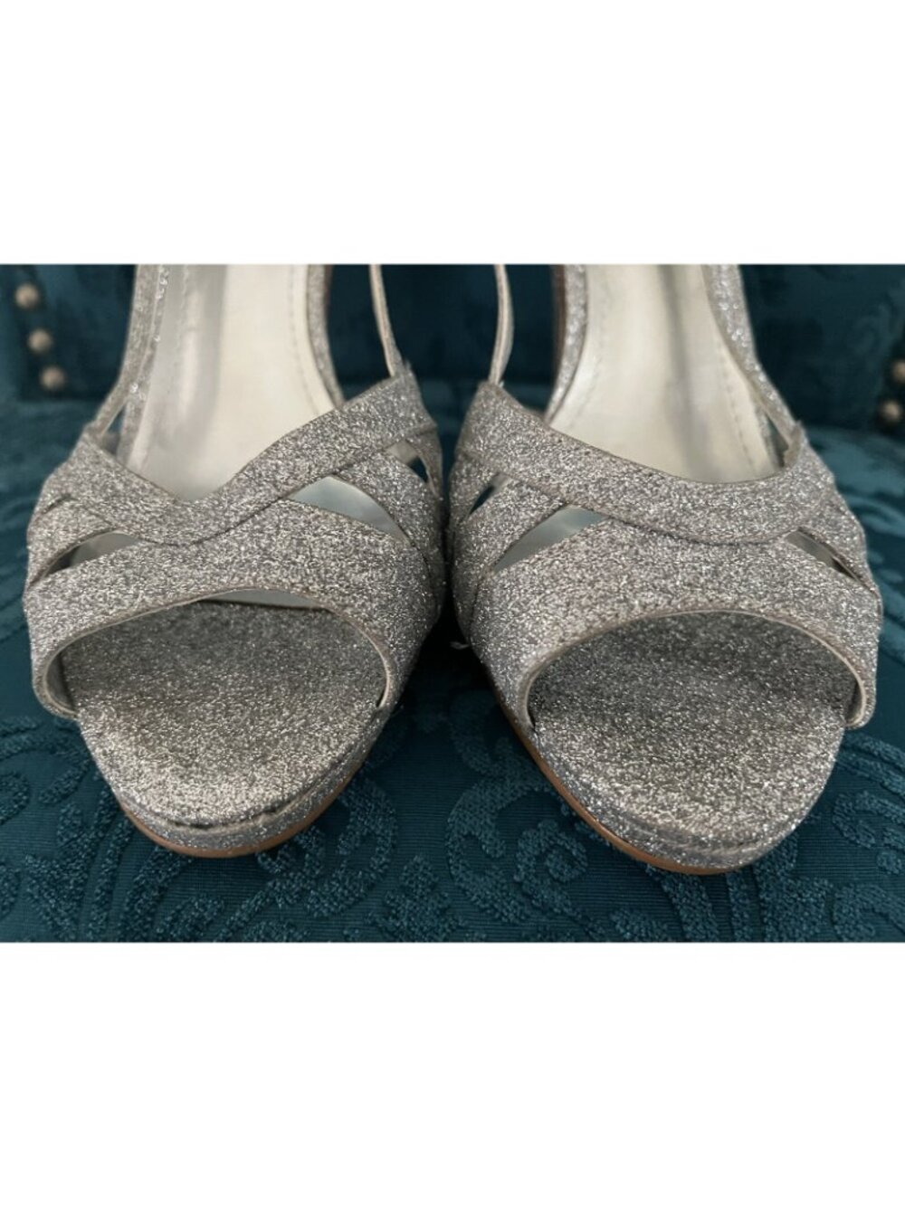 Fernanda Mourão Silver Glitter Slingback Heels Size 9 4.25" Stiletto Open Toe - Picture 5 of 14